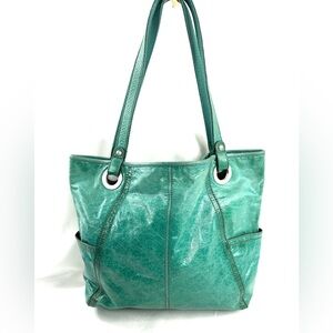 Fossil Green Leather Large Tote Shoulder Bag Side Pockets shb3605